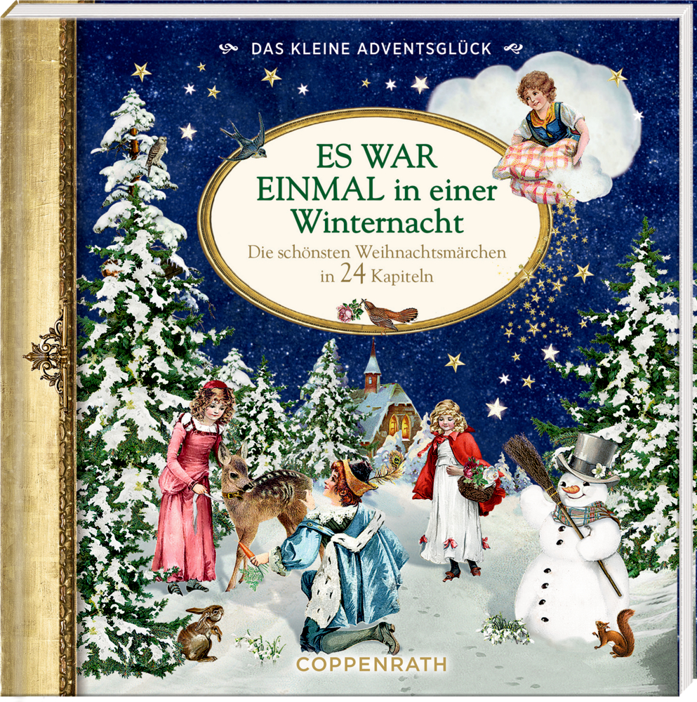 Märchenhaft gekleidete Kinder, Tiere und ein Schneemann in einer verschneiten Winterlandschaft unter einem Sternenhimmel. illustriertes Buchcover.
