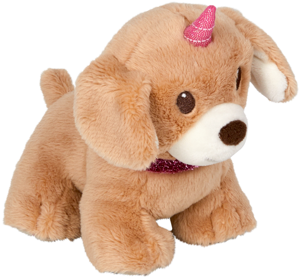 Braunes Plüschwelpenspielzeug mit einem rosa Einhornhorn und einem glitzernden rosa Halsband.