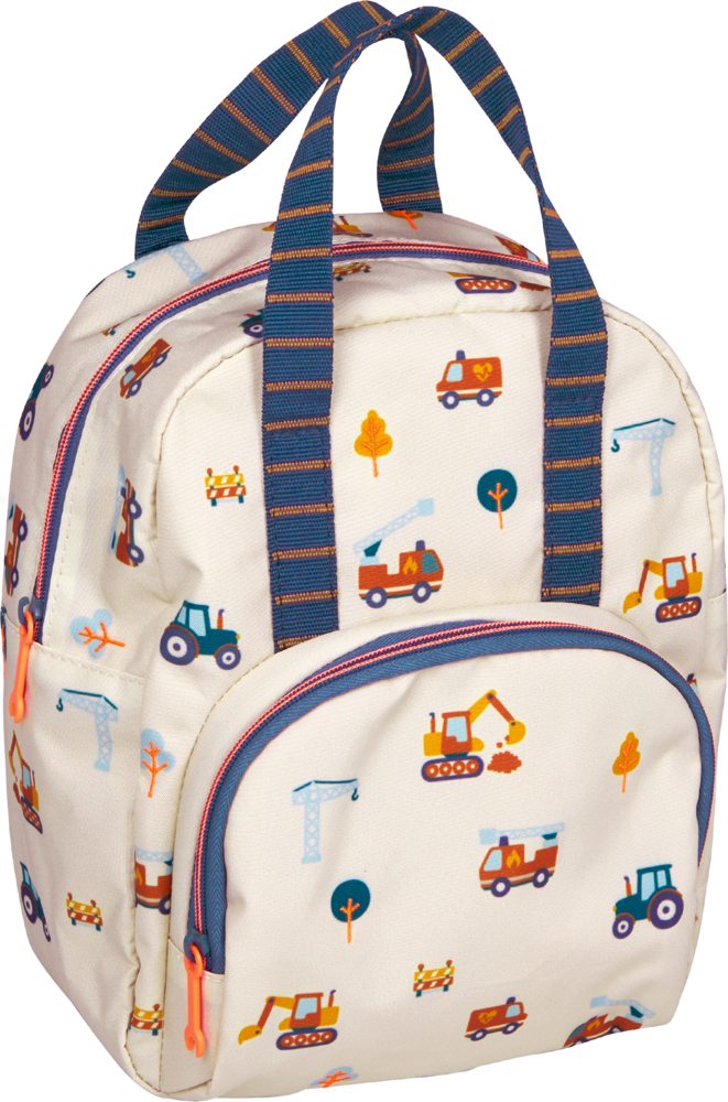 Vorderseite eines cremefarbenem Kinderrucksacks mit bunten Baustellenmotiven, blauen Reißverschlüssen und blau-orangenen Tragegriffen.