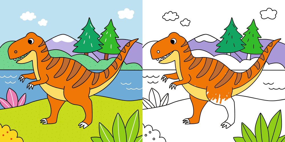Ausmalbild von einem Cartoon-Dinosaurier im Freien, halb farbig, halb schwarz-weiß, mit Bäumen, Wasser und Bergen im Hintergrund.