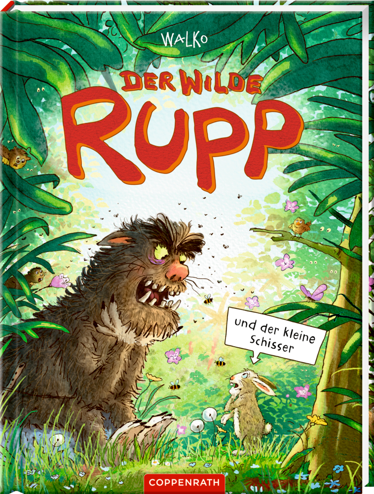 Ein zotteliges Wesen begegnet einem nervösen Kaninchen in einem lebhaften Dschungel, auf dem Cover von "Der wilde Rupp und der kleine Schisser".