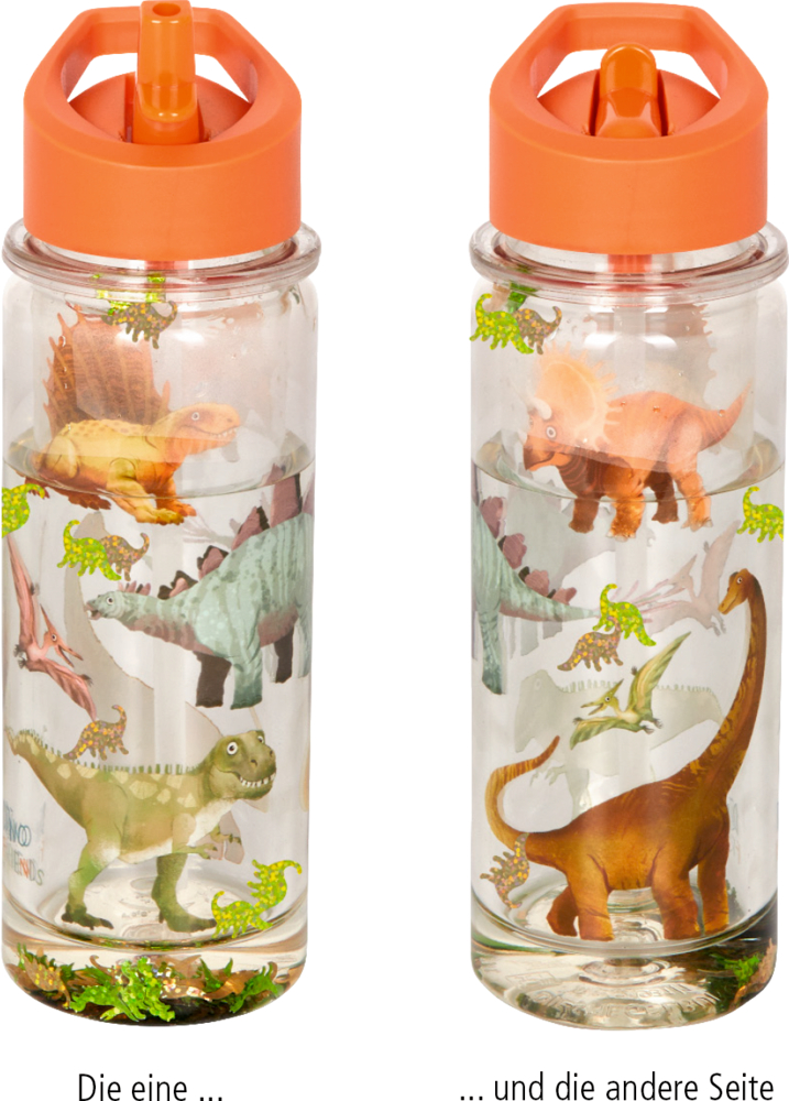 Vorder- und Rücksansicht einer durchsichtigen Wasserflasche mit Dinomotiven und einem orangefarbenem Deckel.