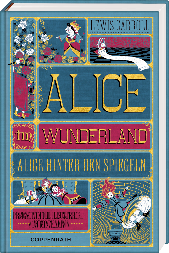 Buchcover mit illustrierten Szenen aus „Alice im Wunderland“ und „Alice hinter den Spiegeln“.