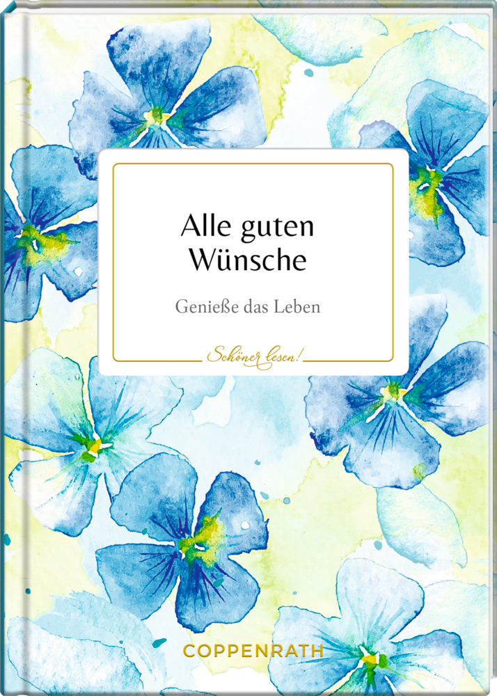 Blauer Aquarell-Blumenbucheinband mit Titel: „Alle guten Wünsche. Genieße das Leben.“.