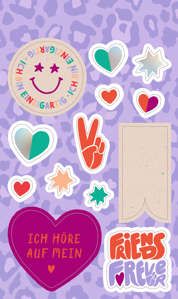 Stickerbogen mit bunten Herz-, Stern- und Handmotiven sowie Texten „Ich bin einzigartig“, „Ich höre auf mein Herz“ und „Friends forever“.