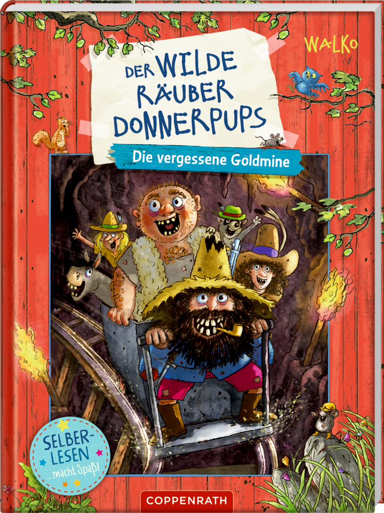 Kinderbuchcover mit Räubern auf einer Lore, Waldtiere und dem Titel "Der wilde Räuber Donnerpups".