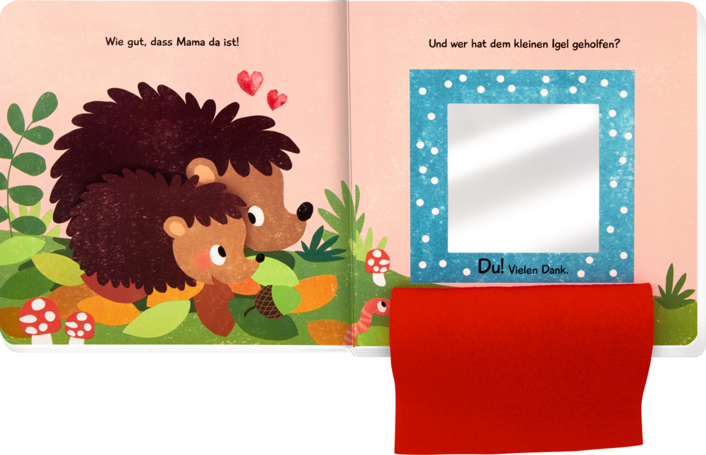 Pappbilderbuchseite, links sind zwei Igel und rechts ein blau gerahmter Spiegel.