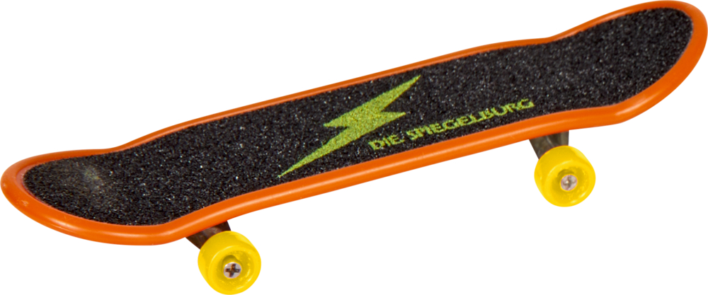 Schwarz-orangefarbenes Board mit gelben Rädern und einem grünen Blitzmotiv.