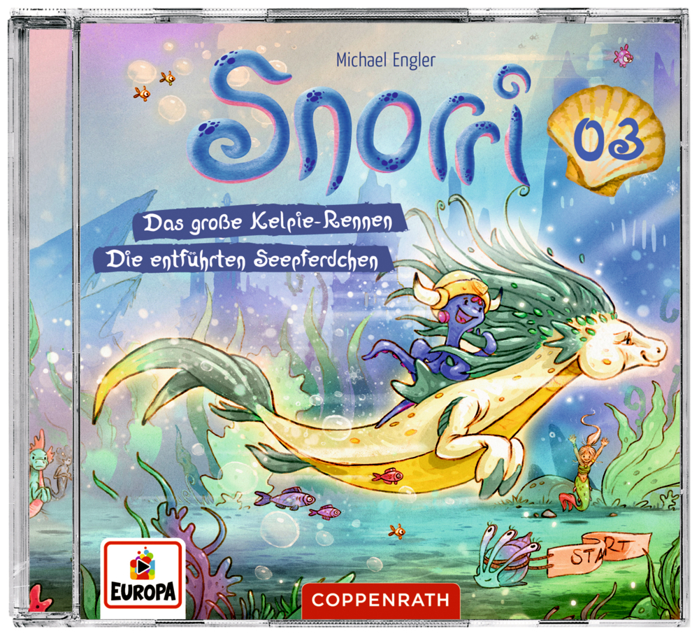 Buntes CD-Cover: Meerjungfrau auf Seepferdchen unter Wasser, verspielte Meerestiere.