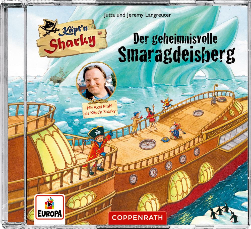 Ein Piratenschiff segelt in Richtung eisiger Berge; über dem Schiffsdeck erscheint das eingefügte Porträt eines Mannes.