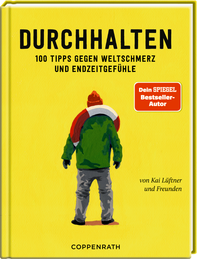 Gelber Buchumschlag: Person in Winterkleidung mit einem Rettungsring von hinten gesehen. Dazu dicker schwarzer Text.