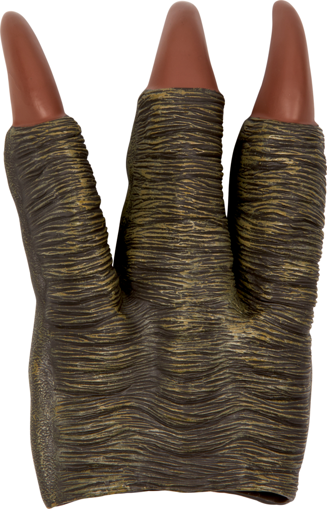 Ein Gummihandschuh in Form einer dreifingrigen Dinosaurier- oder Monsterklaue.