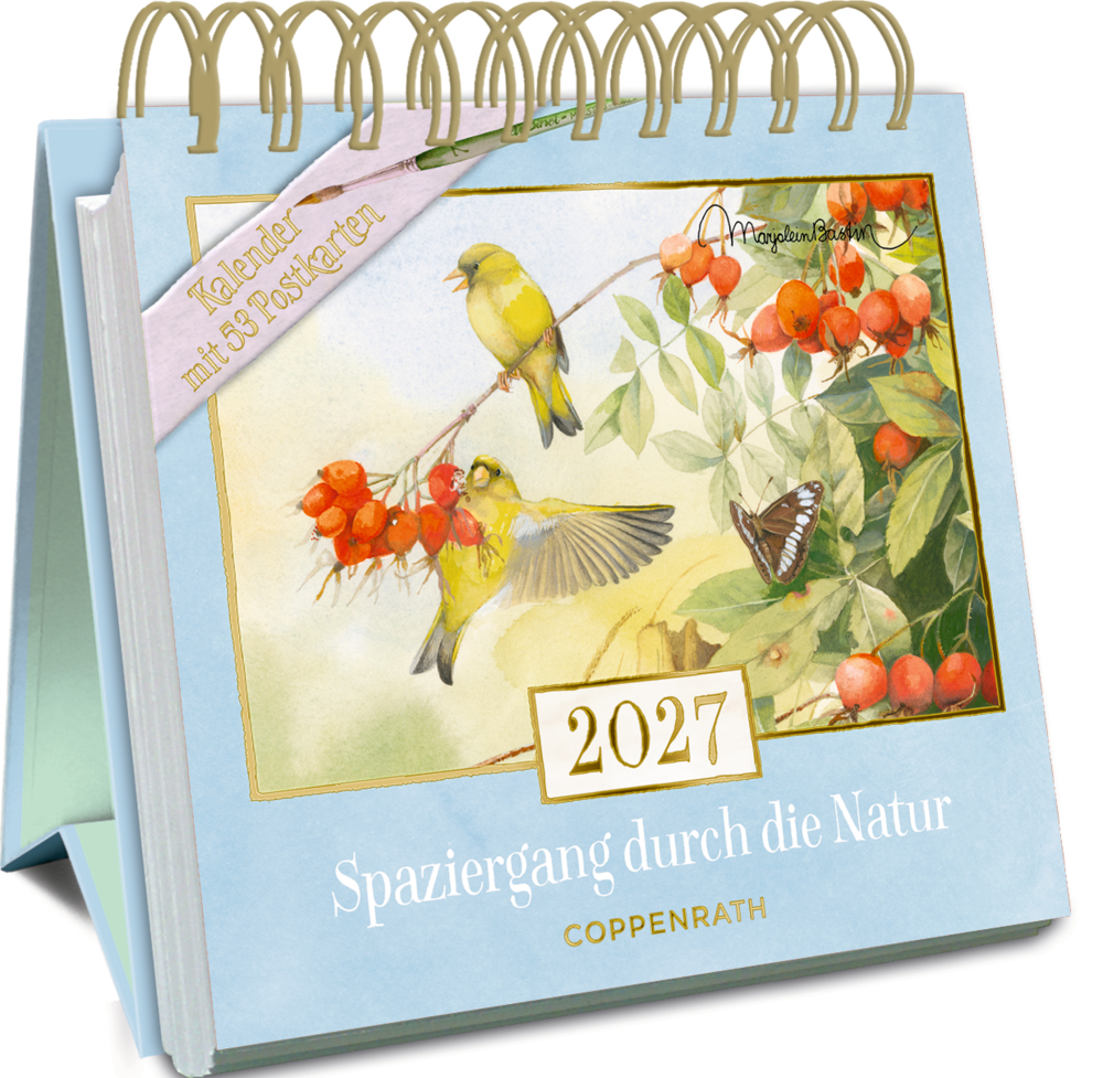 2027 Tischkalender, Vögel, Beeren und Schmetterling Illustration auf hellblauem Einband.