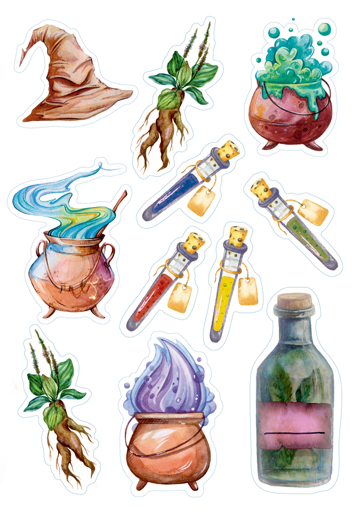Aquarellaufkleber von Hexenhüten, Kesseln, Zaubertränken, Flaschen und Alraunwurzeln auf weißem Hintergrund.