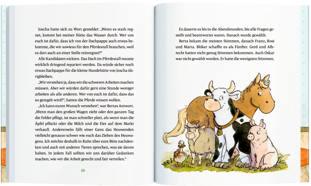 Offenes Buch mit Tierillustration die gerade abstimmen und einem Küken, mit sichtbarem Text auf beiden Seiten.