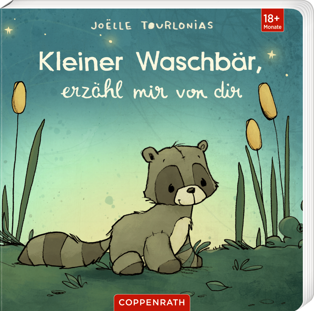 Auf einem Kinderbuchumschlag mit Text sitzt ein kleiner Waschbär im Schilf, das Cover trägt den Titel "Kleiner Waschbär, erzähl mir von dir".