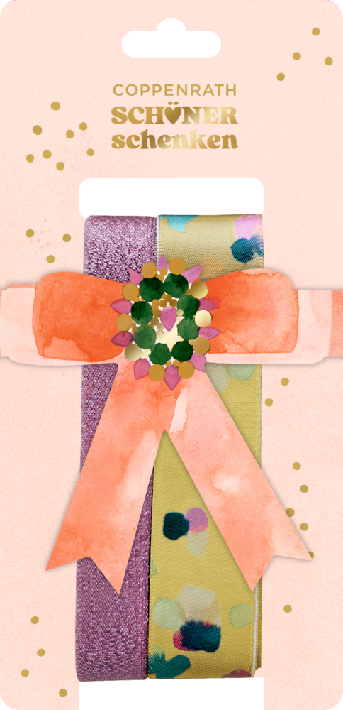 Zwei Geschenkbänder in Lila und grün mit bunten Punkten, zusammengebunden mit einer orangefarbenen Schleife.