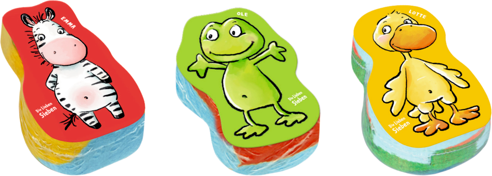 Drei in Form gepresste Kinder-Handtücher mit Zebra-, Frosch- und Entenmotiv als Cartoon auf der Oberseite.