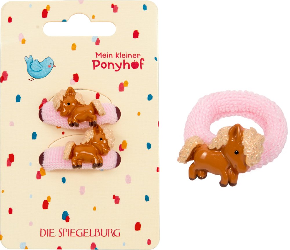 Set aus zwei rosafarbenen Haargummis, jeweils mit einem kleinen braunen Pony verziert. Auf einer bunten Pappkarte platziert.