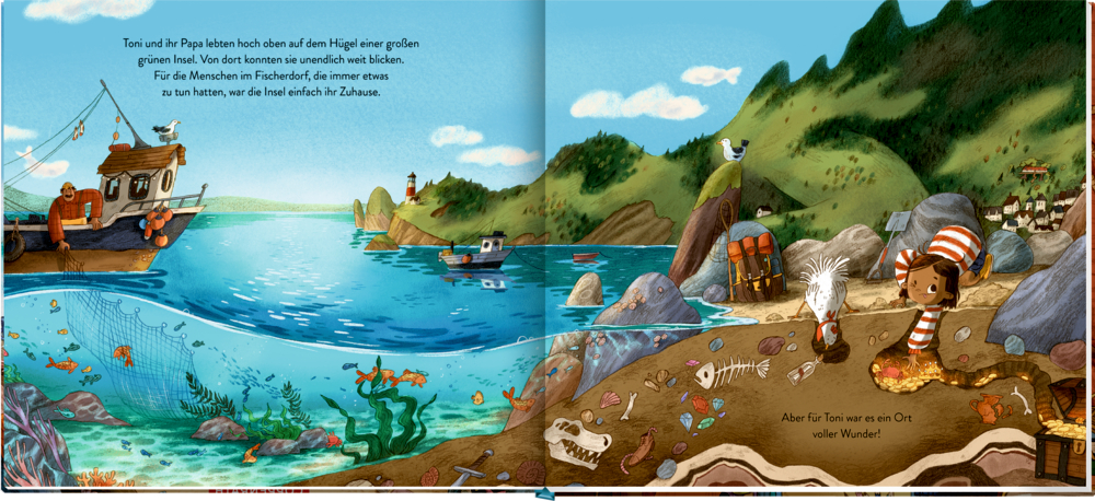 Illustration mit Fischerboot auf dem Meer, Berglandschaft mit Leuchtturm und Kind in gestreifter Kleidung am Strand mit Huhn und Schatztruhe.