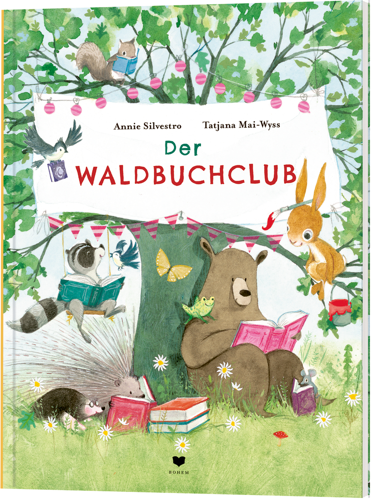 Waldtiere lesen Bücher unter einem Baum mit einem „Der Waldbuchclub“-Banner.