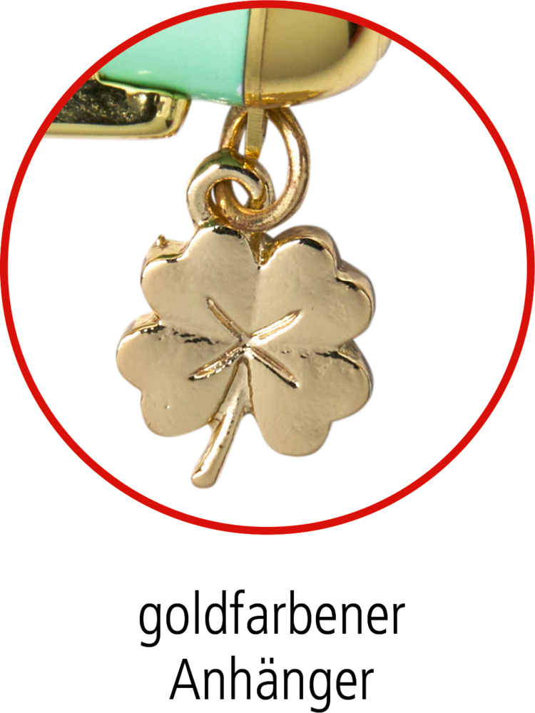 Nahansicht: Goldfarbener Anhänger in Form eines vierblättrigen Kleeblatts an mintgrün-goldenem Kugelschreiber.
