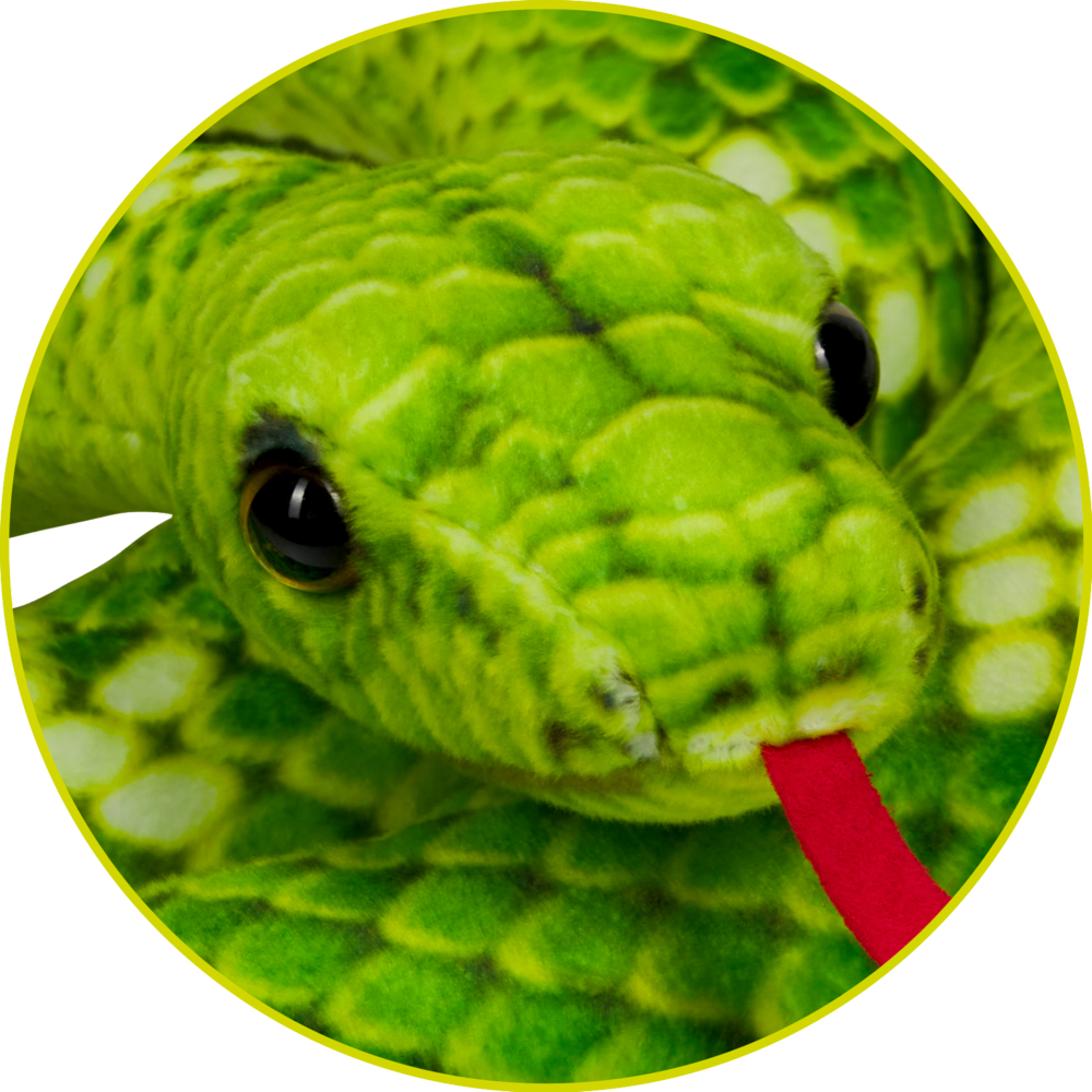 Nahaufnahme eines grünen Plüsch-Schlangenspielzeugs mit schwarzen Augen und einer roten Filzzunge.