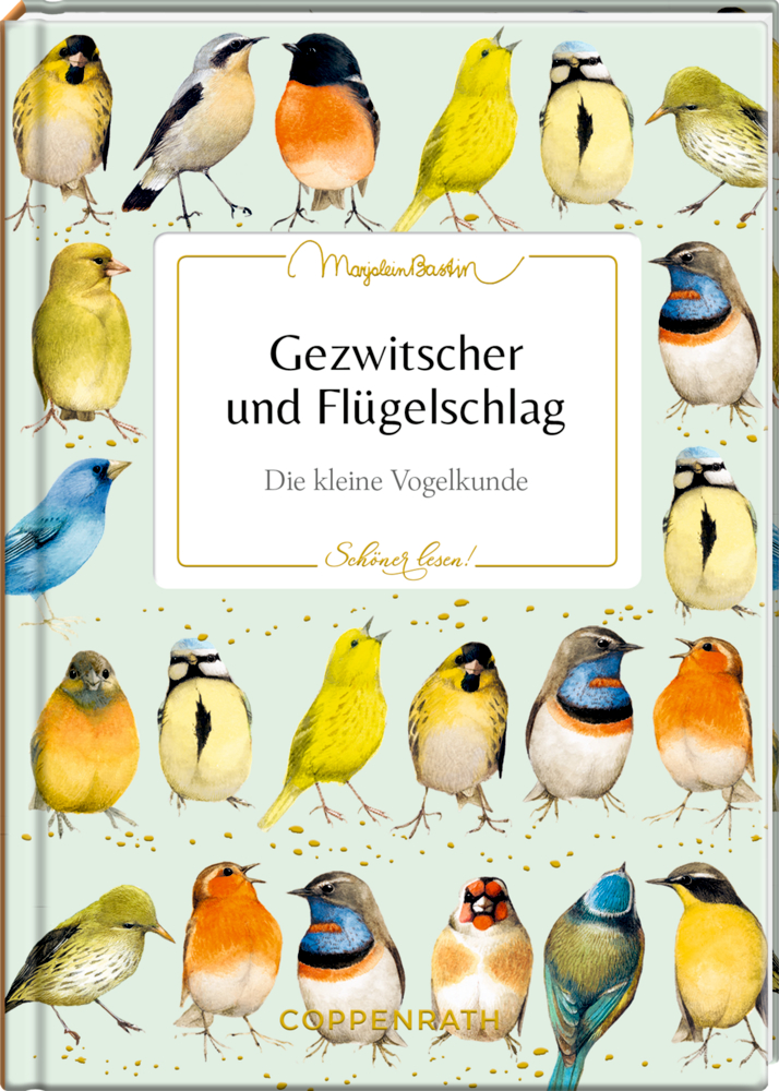 Illustrierte Vögel verschiedener Arten auf hellgrünem Hintergrund, auf dem Cover von "Gezwitscher und Flügelschlag".
