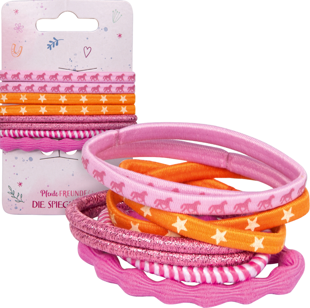 Set aus mehreren Haarbändern in Pink, Orange und Lila mit Stern- und Pferdemotiven, daneben Ansicht des Sets auf Kartonhalterung.