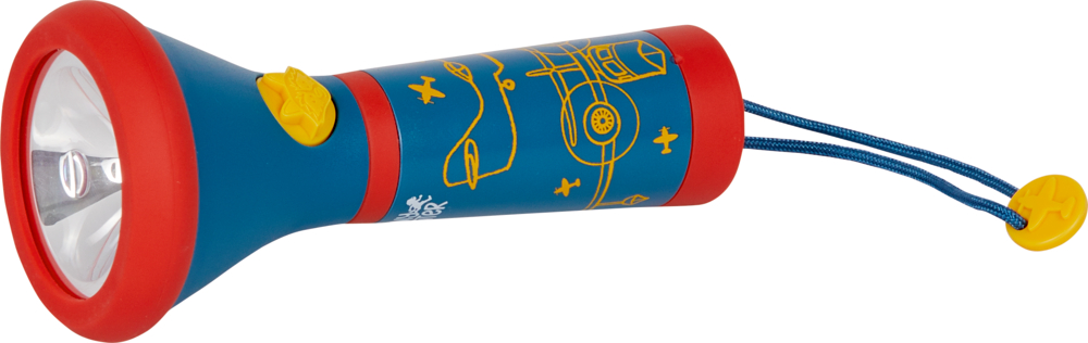 Blau-rote Taschenlampe mit gelbem Flugzeugdesign, gelbem Knopf und blauem Riemen.