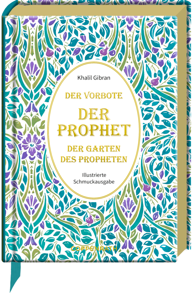 Buchcover von Khalil Gibrans „Der Prophet“ mit Blumenmustern und goldener Schrift.