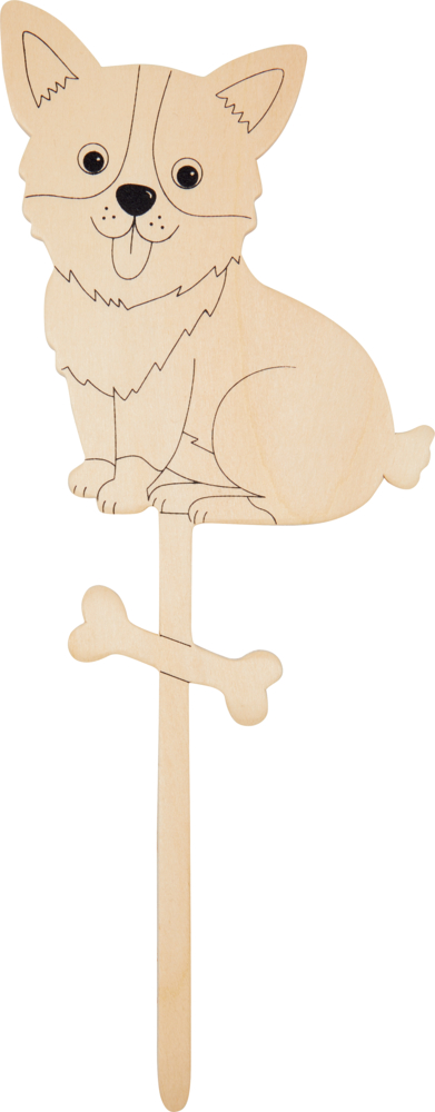 Holzstab in Form eines Cartoon-Corgis und eines Knochens, perfekt zum Basteln oder für Dekorationszwecke.
