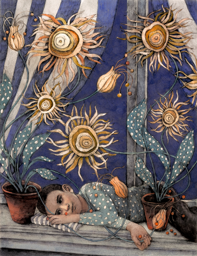 Ein Kind ruht auf einem Fensterbrett unter großen Sonnenblumen, eingerahmt von einem blau-weiß gestreiften Vorhang.