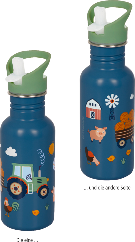 Zwei Ansichten einer blaue Metalltrinkflasche mit grünem Deckel und bunten Bauernhofmotiven.