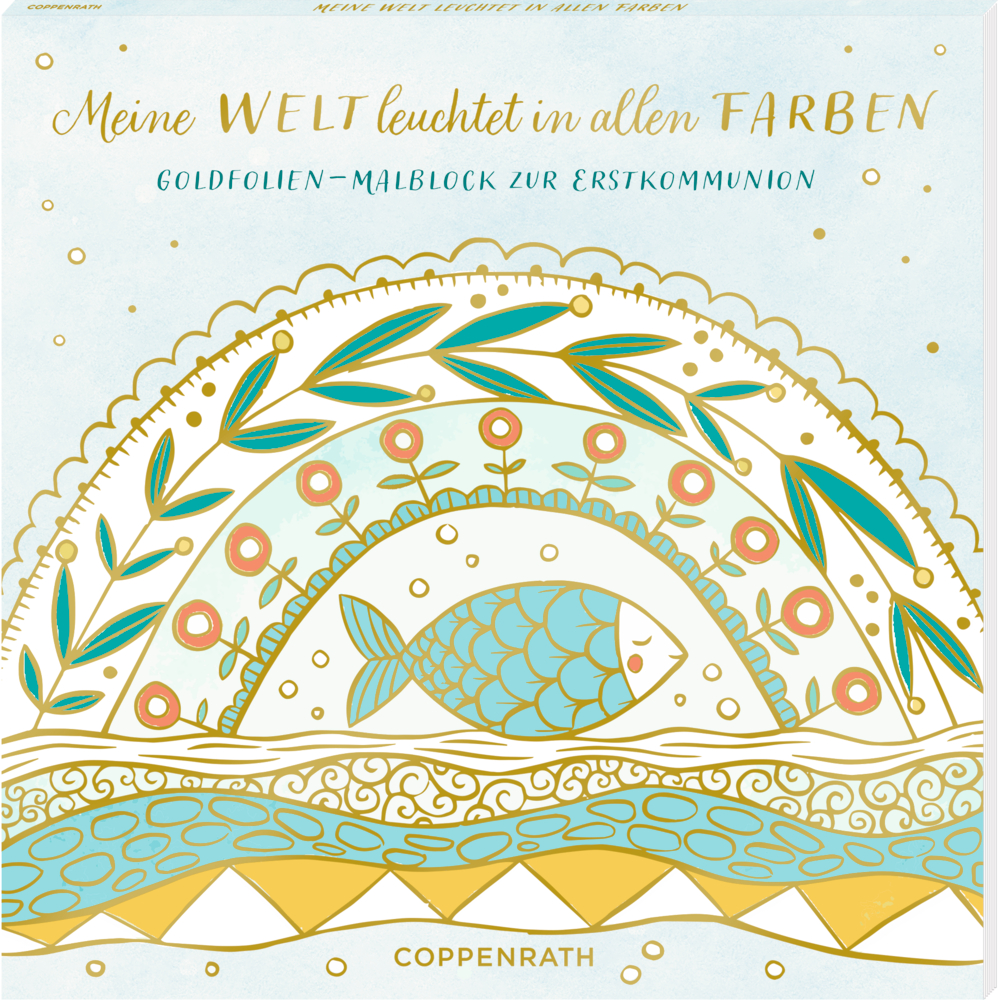 Gold- und türkisfarbener Fisch mit Pflanzen und Mustern;  Malbuch zur Erstkommunion.