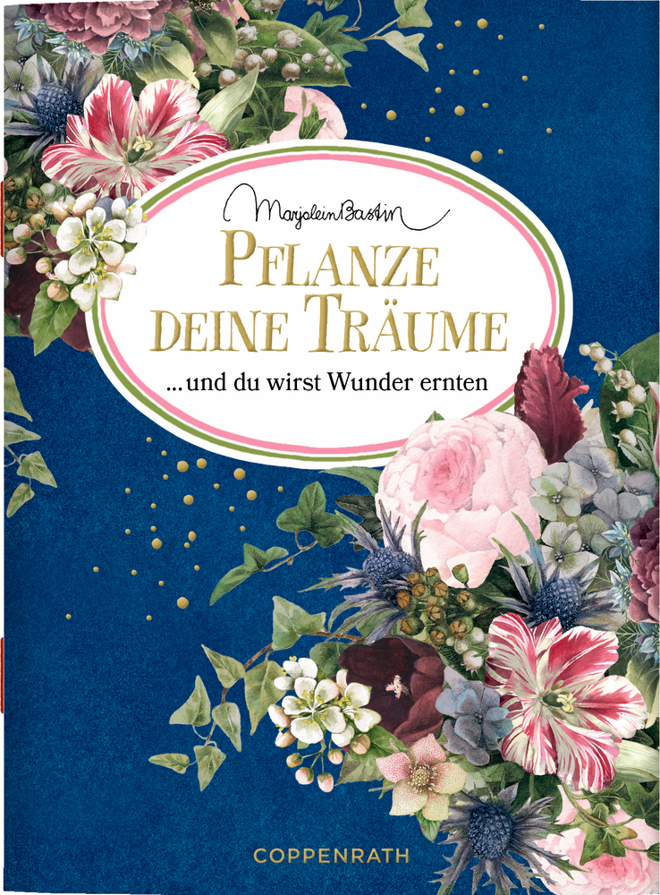 Buchcover mit floralem Muster aus bunten Blumen auf blauem Hintergrund und mittigem Titeltext in Goldschrift.