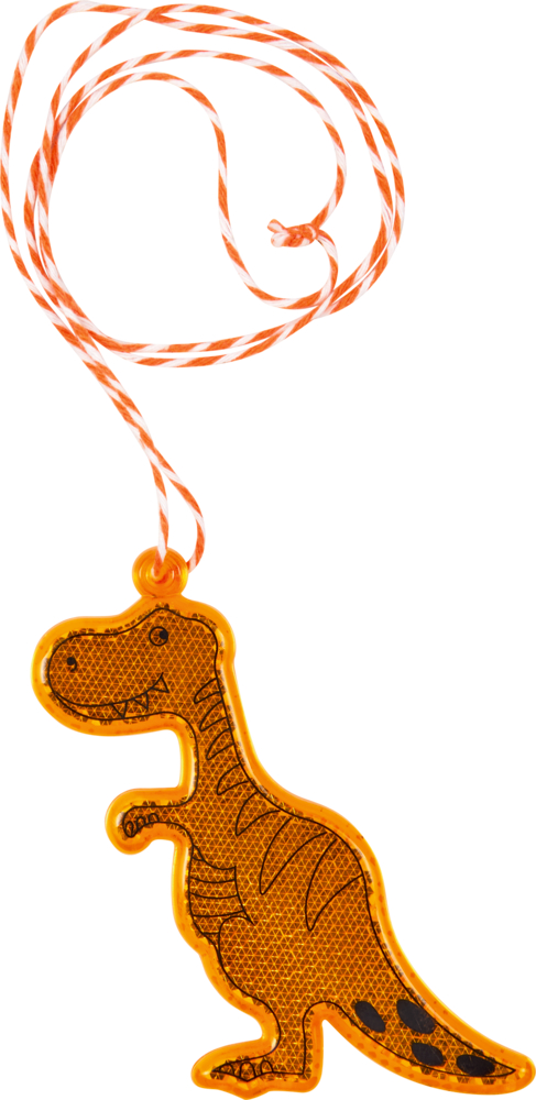 Orangefarbener Dinosaurier-Schlüsselanhänger mit gestreifter Schnur und schlichten schwarzen Details.