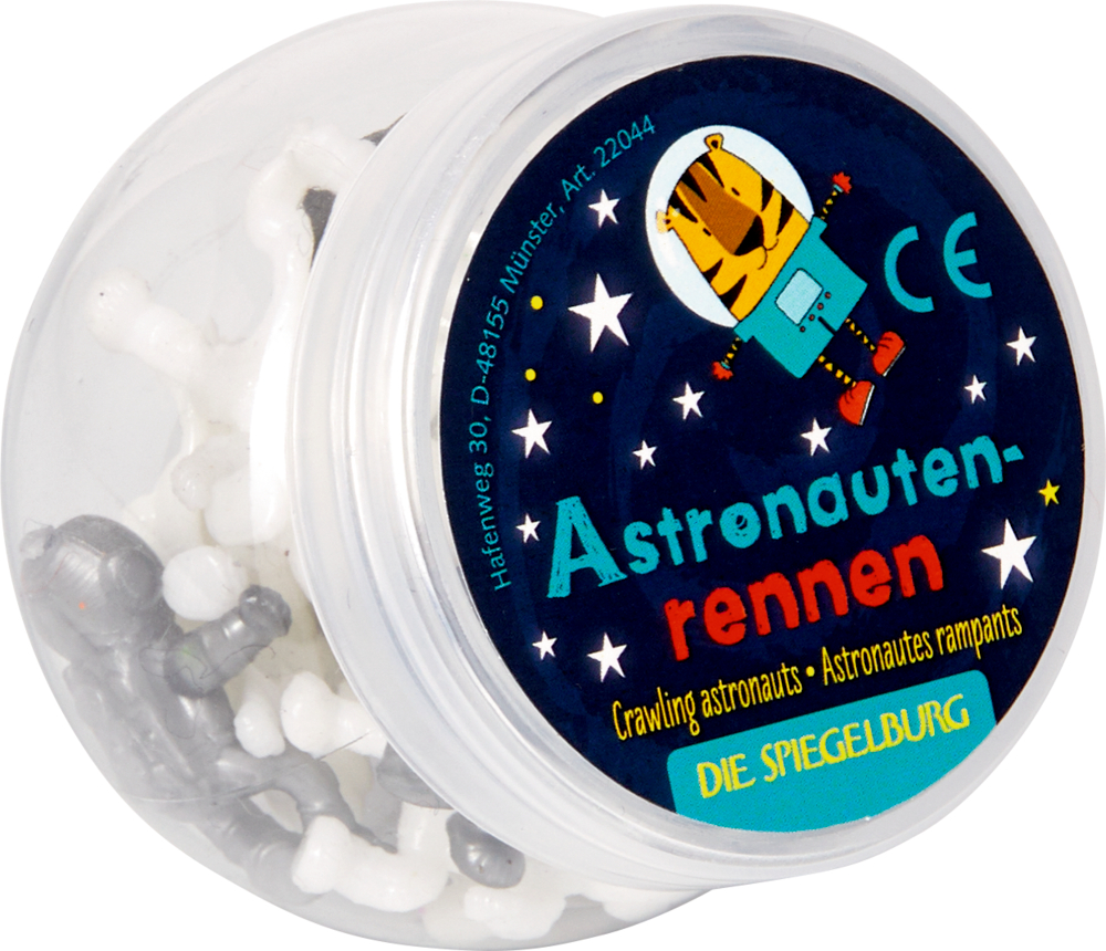 Runder, durchsichtiger Behälter mit kleinen Spielzeug-Astronauten und einem Tiger als Astronaut auf dem Deckel.