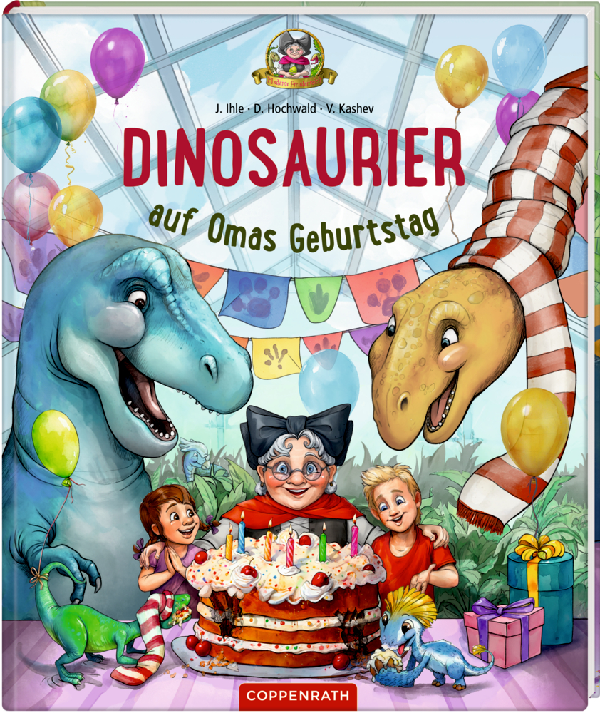 Zwei Kinder und ihre Oma feiern einen Geburtstag mit Dinosauriern, Luftballons und Kuchen, auf dem Cover von "Dinosaurier auf Omas Geburtstag".