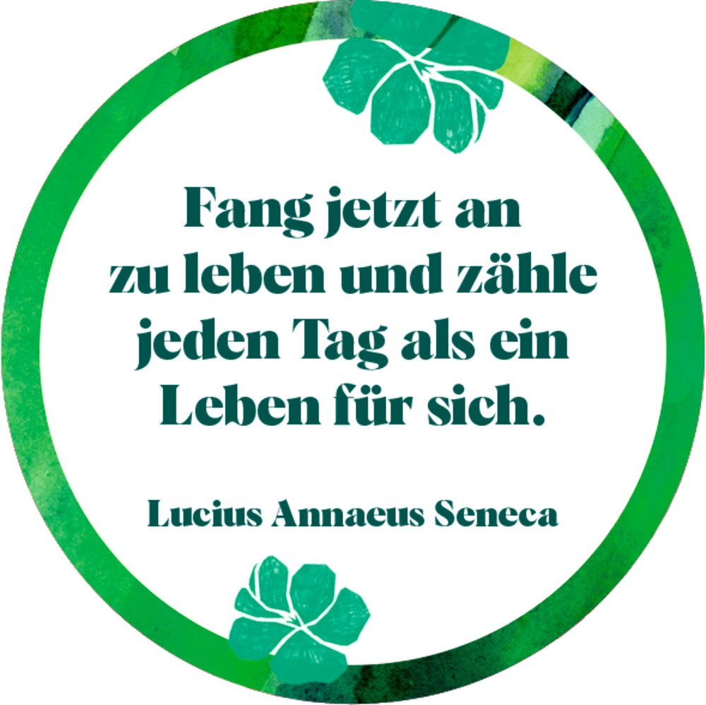 Grüner Kreis mit Zitat von Seneca, umgeben von grünen Blättern.