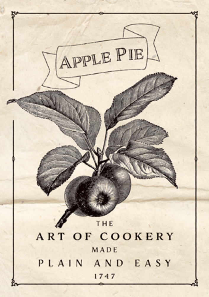 Vintage-Apfelillustration mit „Apple Pie“-Banner und Kochtext von 1747, alles auf gealtertem Papier.