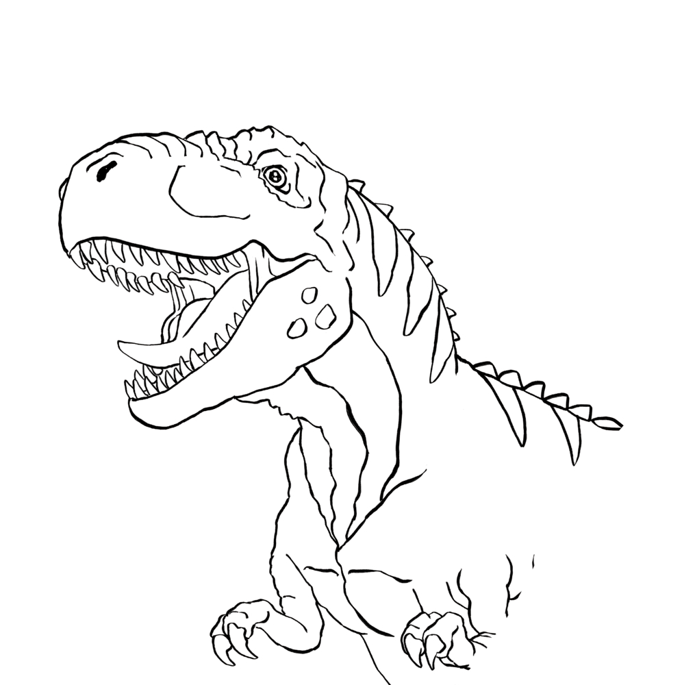 Schwarz-weiße Umrisszeichnung eines Dinosauriers mit geöffnetem Maul und sichtbaren Zähnen.