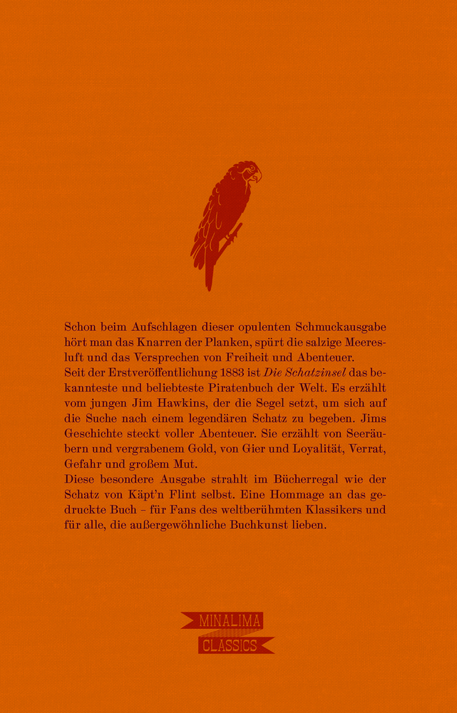 Orangefarbene Buchrückseite mit rotem Papagei auf einem Ast und rotem Banner mit der Aufschrift „Minalima Classics“.