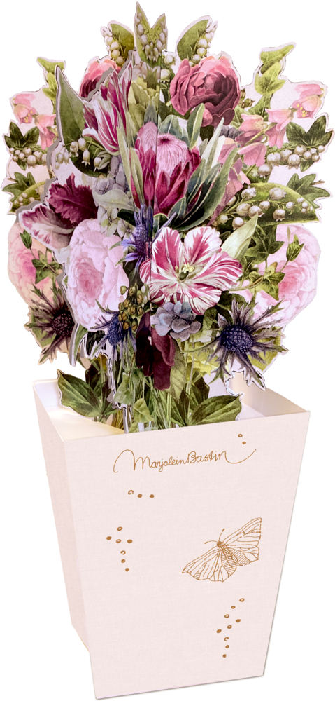 Papierstrauß mit rosa, lila und grünen Blütenmotiven in beiger Kartonverpackung mit Schmetterlingsdesign und Schriftzug.
