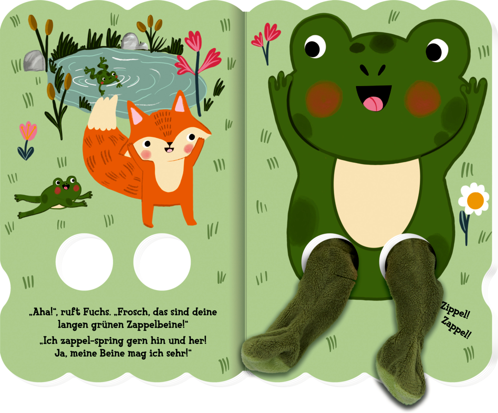 Ein Fuchs und ein Frosch stehen an einem Teich. Aus dem Buch ragen plüschige grüne Froschbeine heraus.