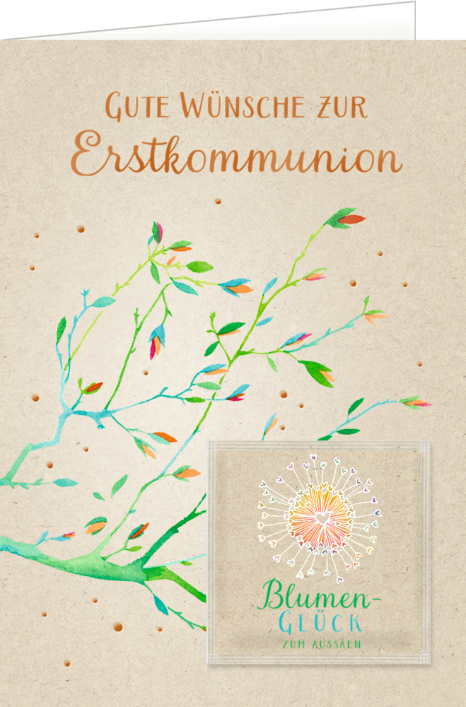 Grußkarte mit Aquarellzweig, dem Schriftzug Gute Wünsche zur Erstkommunion und beigefügtem Blumensamenpaket.