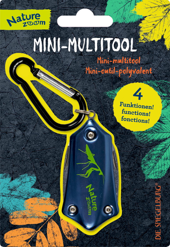 Blau verpacktes Mini-Multitool mit Karabiner, Nature Zoom-Branding und bunten Blattdesigns.