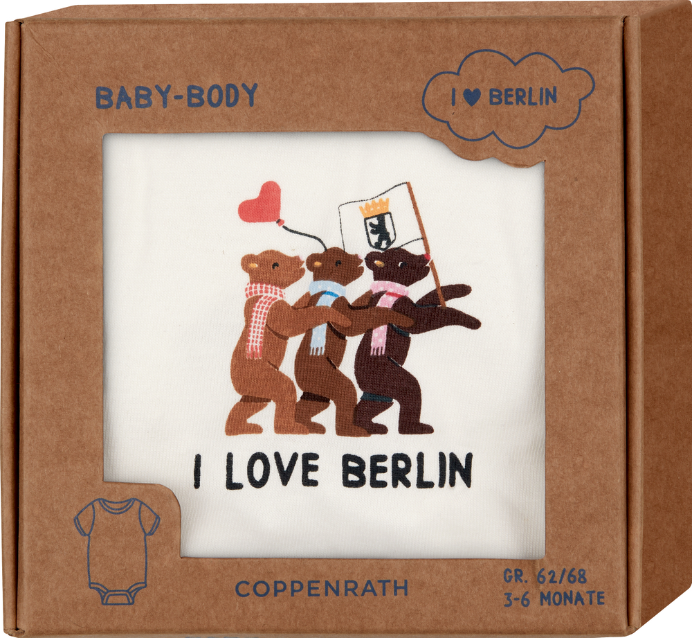 Baby-Body mit drei Bären (einer mit Berlin-Flagge) und dem Text: I LOVE BERLIN.