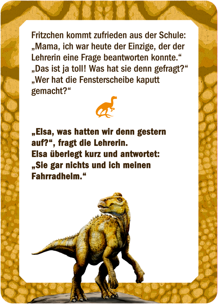 Ein Dinosaurier steht vor gelbem, strukturiertem Hintergrund. Daneben ist ein Witz als Text geschrieben.