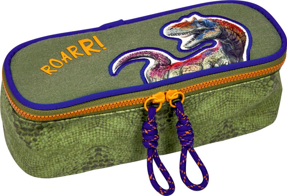 Grünes Etui mit Dinosaurier-Abbildung, Schriftzug ROARR! auf dem Deckel, orangefarbener Reißverschluss, blaue Akzente.